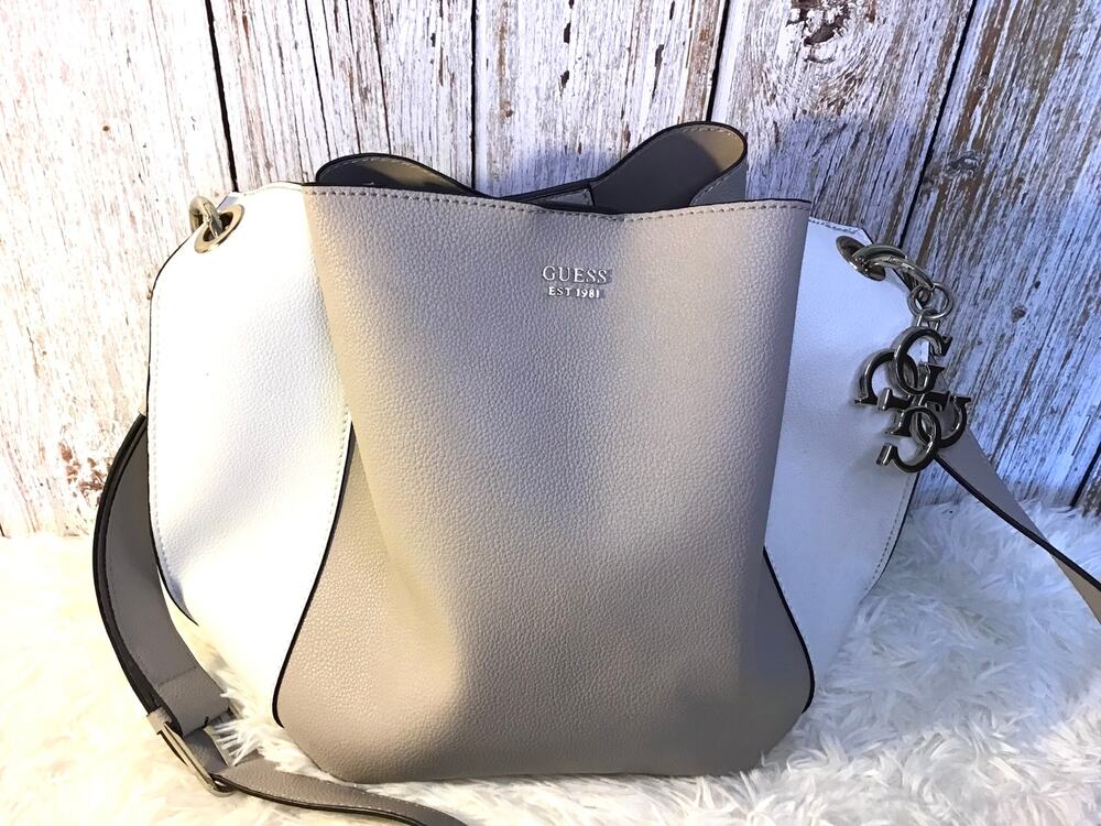 Guess Taupe-Cream Faux Leather Shoulder Purse